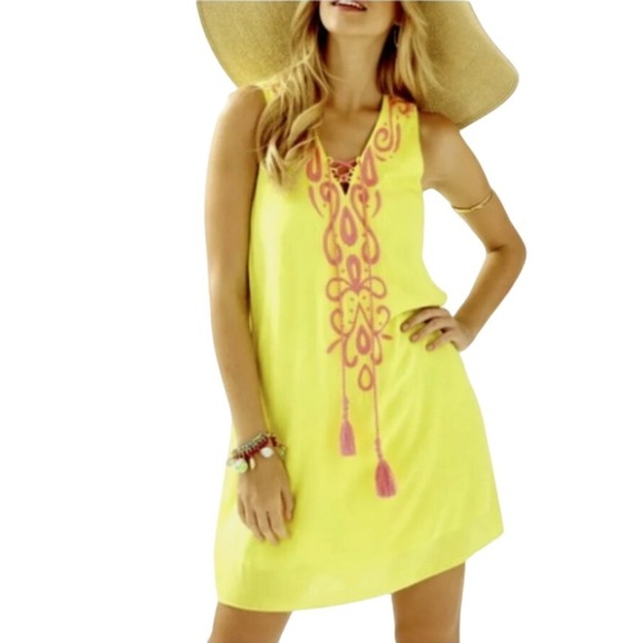 Lilly Pulitzer Dresses & Skirts - Lilly‎ Pulitzer Bethany Sleeveless Embroidered Shift Dress Neon Yellow Size Med